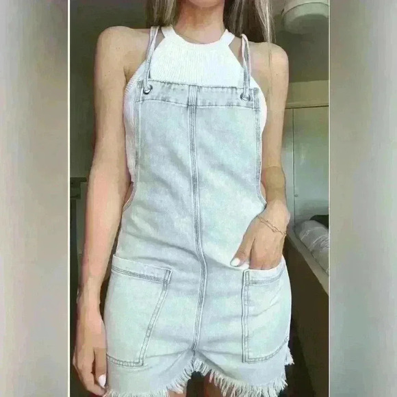 Aerie Blue Denim Overalls Romper Cotton Size M - Picture 7 of 7